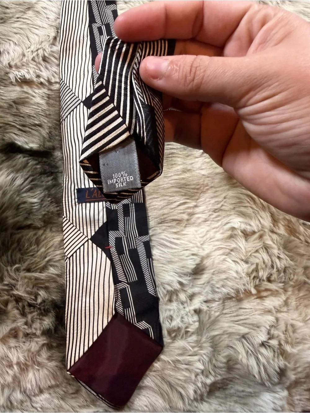 Vintage L’Atelier Men’s Silk Black and Ivory Striped Tie - Art Deco